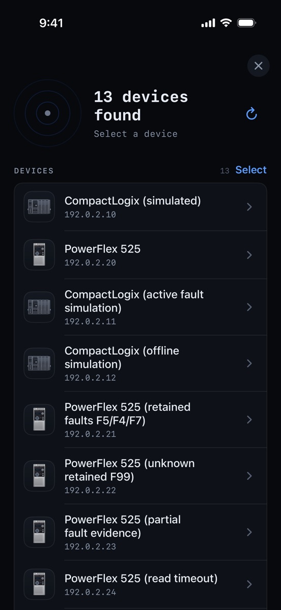 Device list showing controllers and drives found on the network.